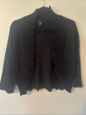 Thesis Black Ruffle Trim Open Cardigan Sweater